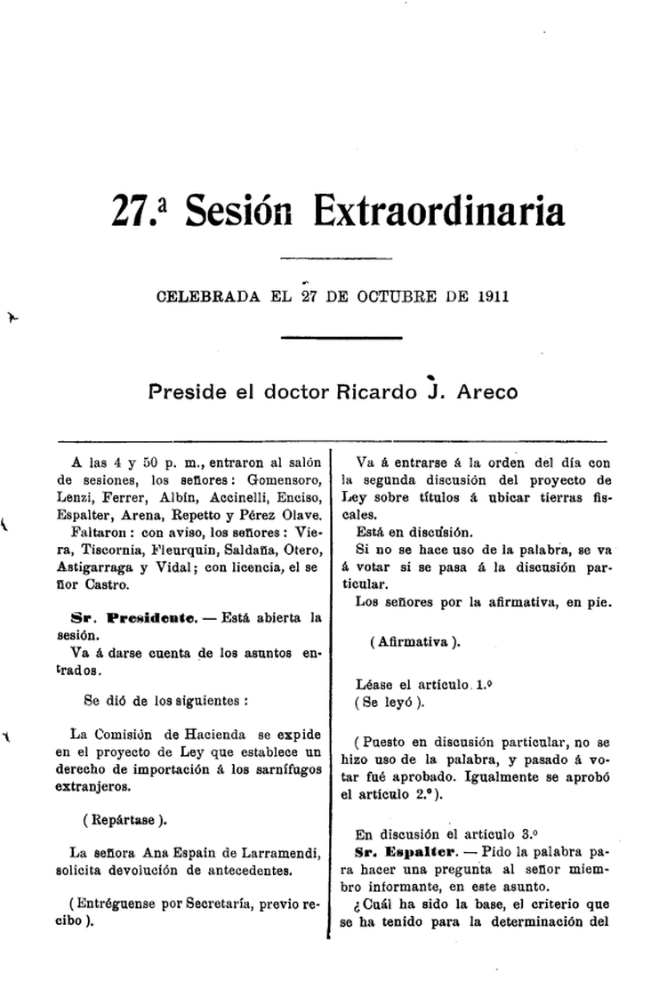 DIARIO DE SESIONES DE LA CAMARA DE SENADORES del 27/10/1911